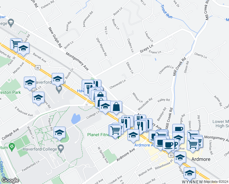 map of restaurants, bars, coffee shops, grocery stores, and more near 101 Cheswold Lane in Haverford