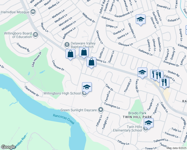 map of restaurants, bars, coffee shops, grocery stores, and more near 28 Tyler Drive in Willingboro