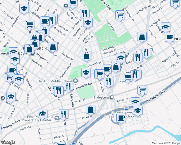 map of restaurants, bars, coffee shops, grocery stores, and more near 5004 Ditman St in Philadelphia