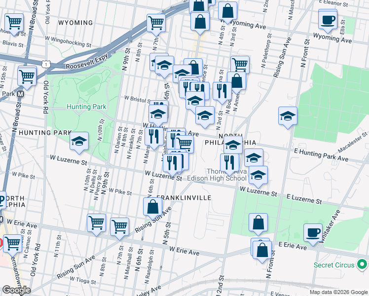 map of restaurants, bars, coffee shops, grocery stores, and more near 4123 North 5th Street in Philadelphia