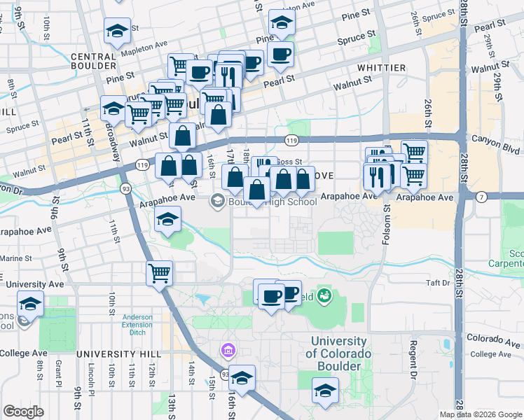 map of restaurants, bars, coffee shops, grocery stores, and more near 1410-1426 19th Street in Boulder