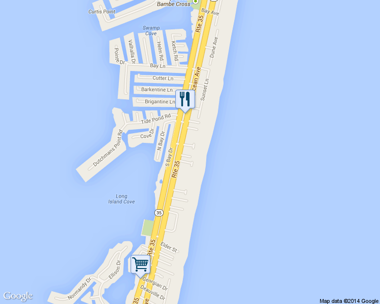 map of restaurants, bars, coffee shops, grocery stores, and more near 202 Easy Street in Mantoloking