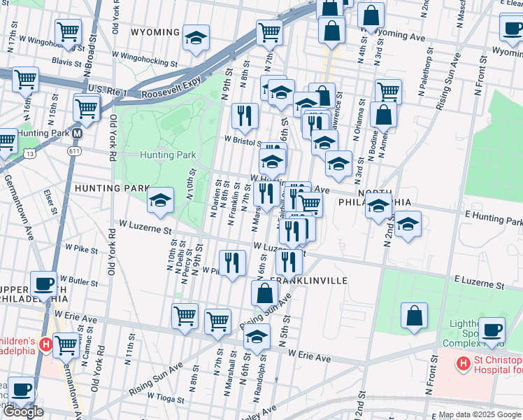map of restaurants, bars, coffee shops, grocery stores, and more near 4105 N Marshall St in Philadelphia
