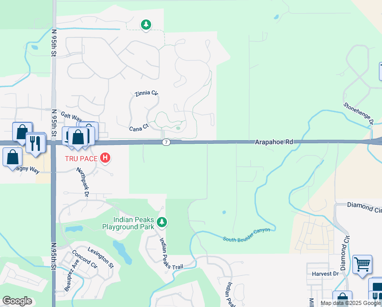 map of restaurants, bars, coffee shops, grocery stores, and more near 9960 Arapahoe Road in Lafayette