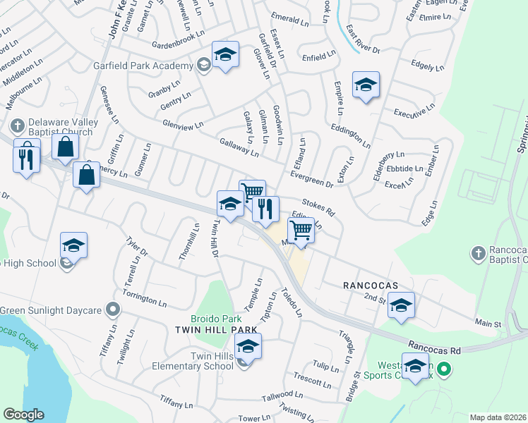 map of restaurants, bars, coffee shops, grocery stores, and more near 3 Edison Lane in Willingboro