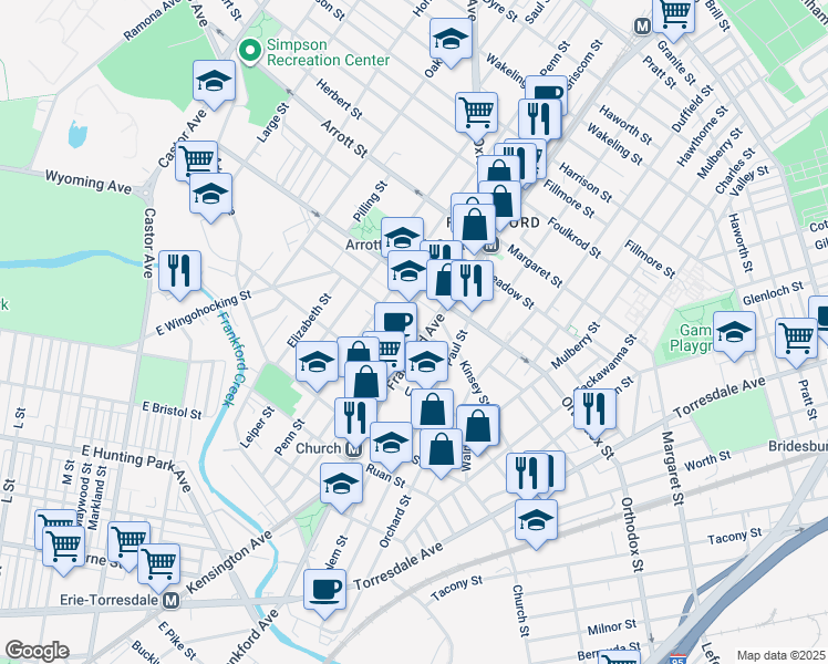 map of restaurants, bars, coffee shops, grocery stores, and more near 4460 Frankford Avenue in Philadelphia