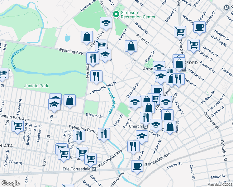 map of restaurants, bars, coffee shops, grocery stores, and more near 1236 Adams Avenue in Philadelphia