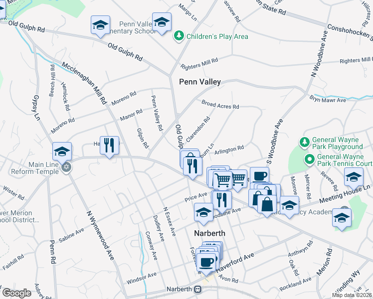 map of restaurants, bars, coffee shops, grocery stores, and more near 603 Old Gulph Road in Penn Valley