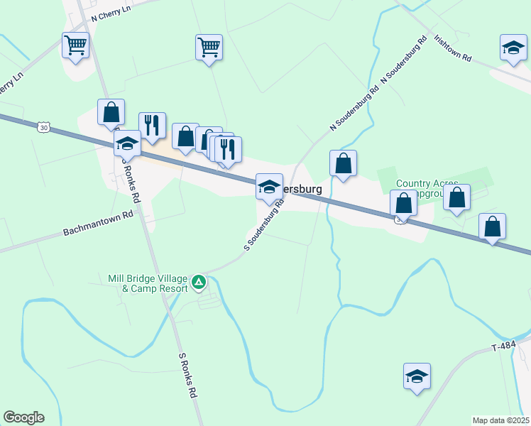 map of restaurants, bars, coffee shops, grocery stores, and more near 18 S Soudersburg Rd in Ronks