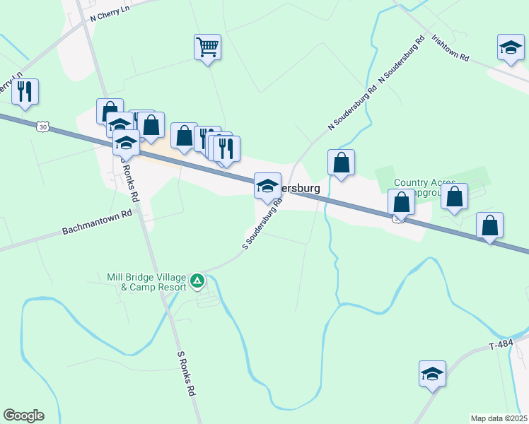 map of restaurants, bars, coffee shops, grocery stores, and more near 18 S Soudersburg Rd in Ronks