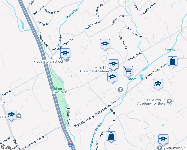 map of restaurants, bars, coffee shops, grocery stores, and more near 600 Portledge Drive in Bryn Mawr