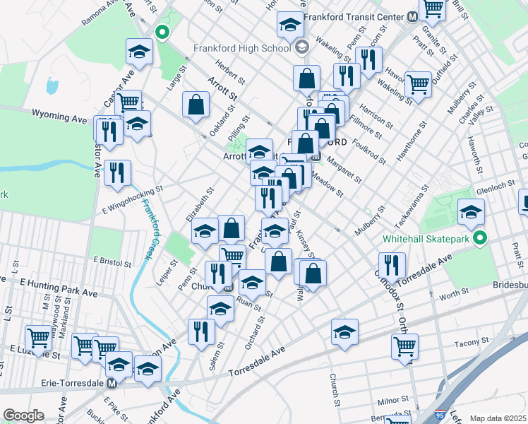 map of restaurants, bars, coffee shops, grocery stores, and more near 4458 Frankford Avenue in Philadelphia