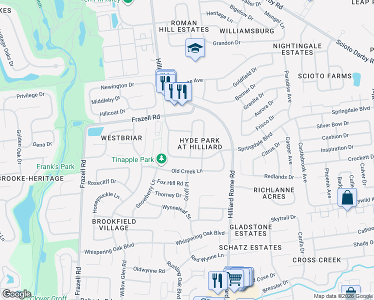 map of restaurants, bars, coffee shops, grocery stores, and more near 3059 Serpentine Drive in Hilliard