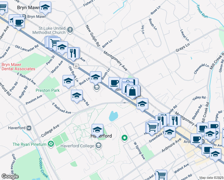 map of restaurants, bars, coffee shops, grocery stores, and more near in Haverford
