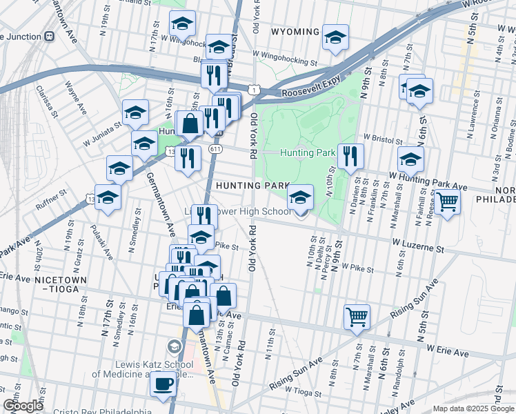 map of restaurants, bars, coffee shops, grocery stores, and more near 4023 Old York Road in Philadelphia