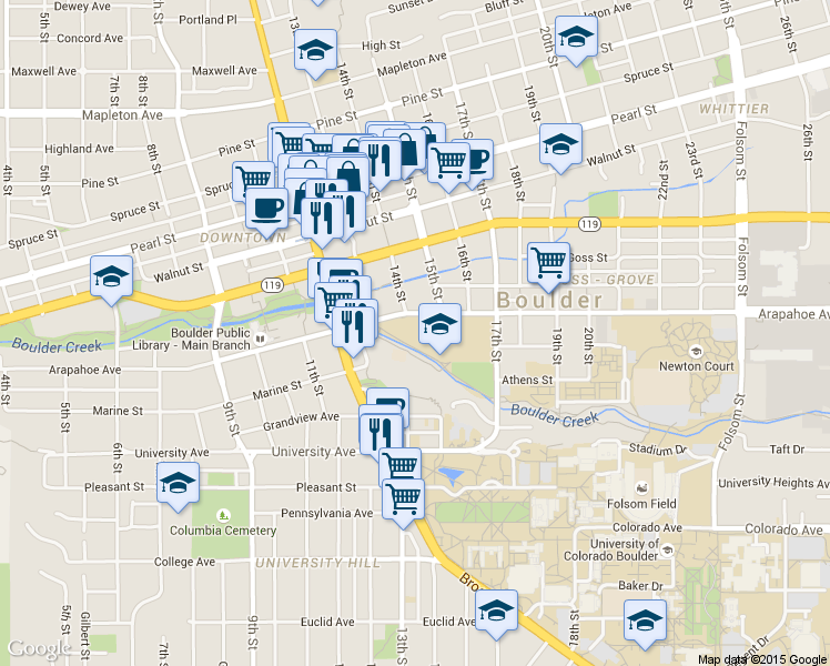map of restaurants, bars, coffee shops, grocery stores, and more near 1620 14th St in Boulder
