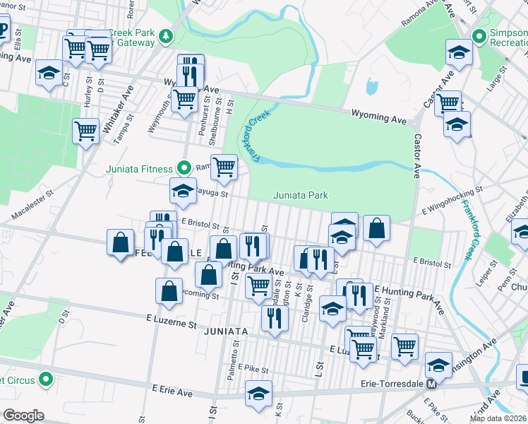 map of restaurants, bars, coffee shops, grocery stores, and more near 4332 Elsinore Street in Philadelphia