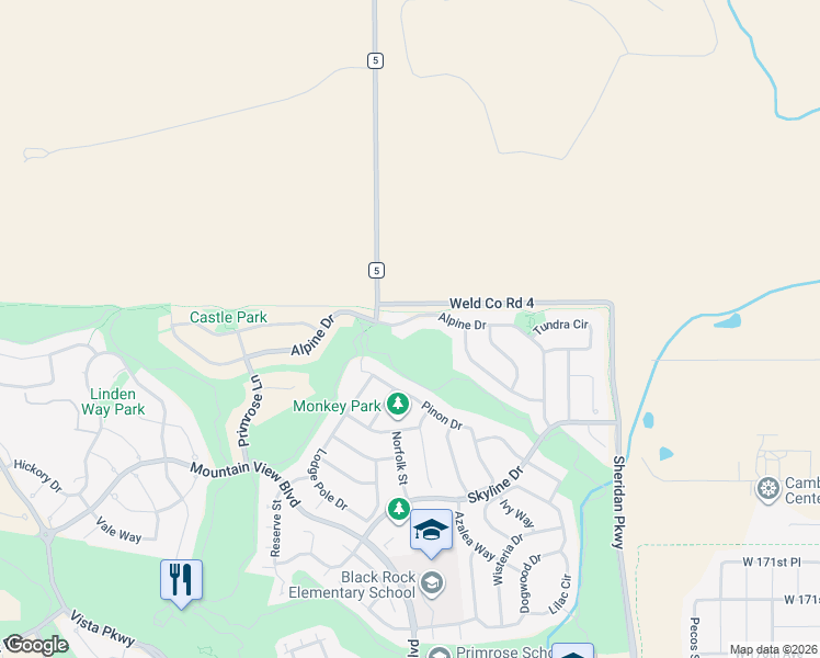 map of restaurants, bars, coffee shops, grocery stores, and more near 2030 Alpine Drive in Erie