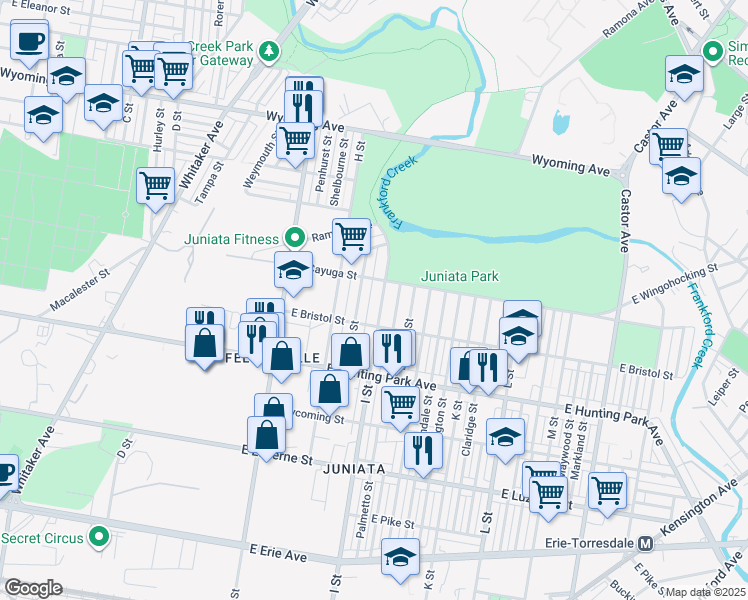 map of restaurants, bars, coffee shops, grocery stores, and more near 4332 I Street in Philadelphia