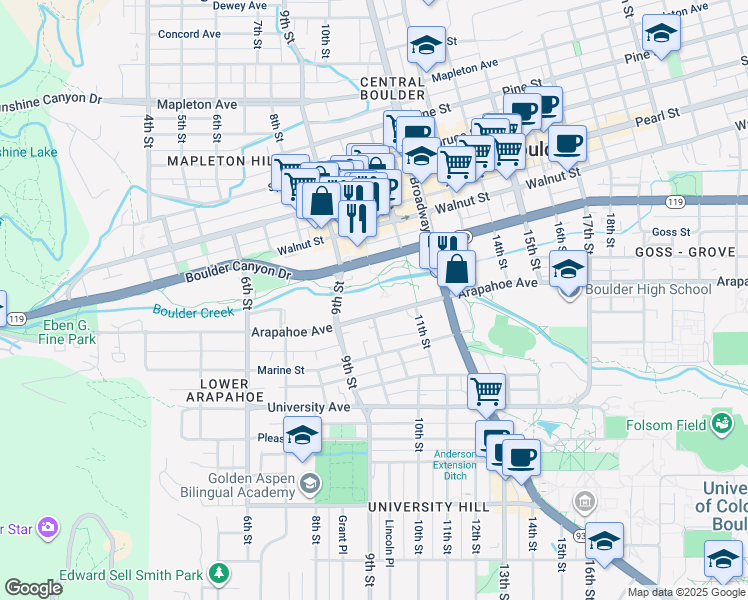 map of restaurants, bars, coffee shops, grocery stores, and more near 1001 Arapahoe Avenue in Boulder