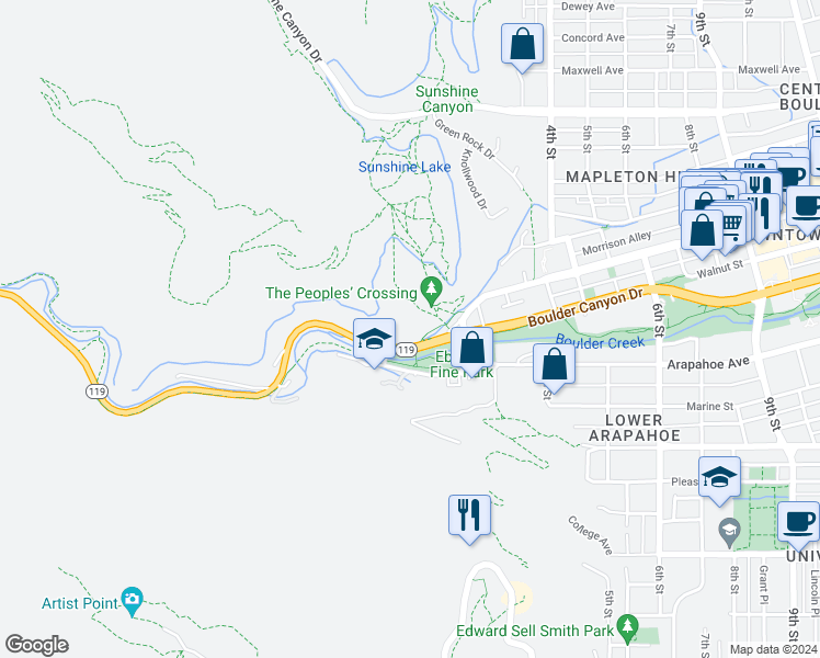 map of restaurants, bars, coffee shops, grocery stores, and more near 103 Canyon Boulevard in Boulder