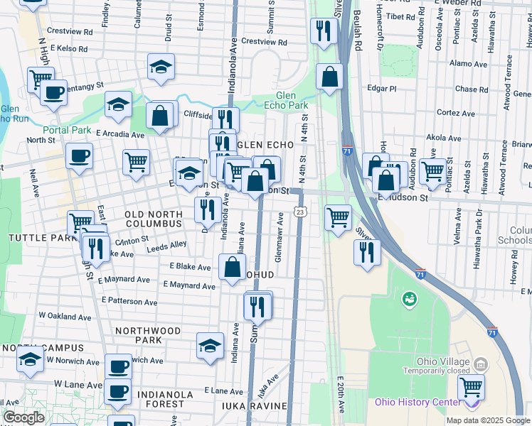 map of restaurants, bars, coffee shops, grocery stores, and more near 429 East Tompkins Street in Columbus