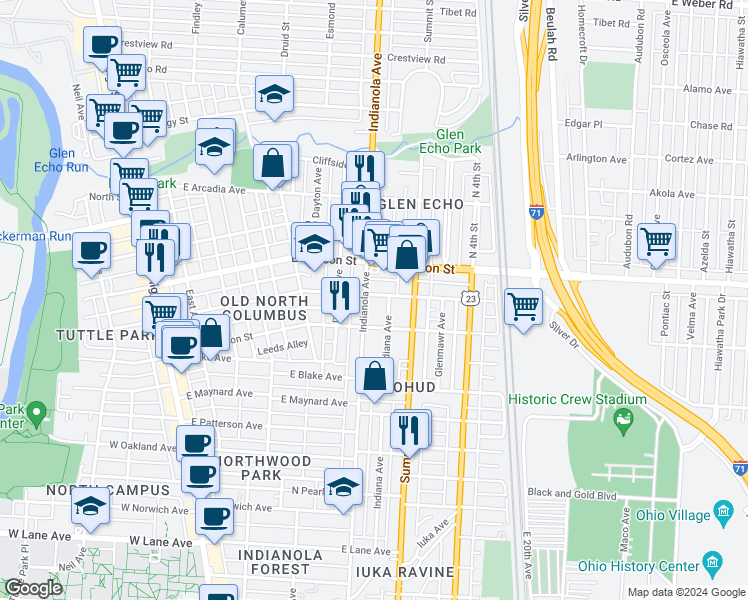 map of restaurants, bars, coffee shops, grocery stores, and more near 2481 Indianola Avenue in Columbus