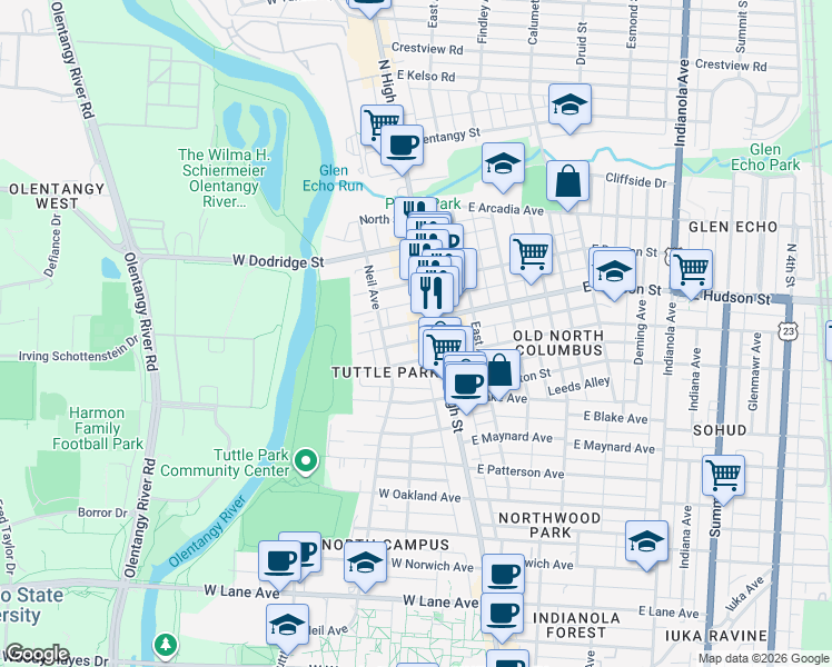 map of restaurants, bars, coffee shops, grocery stores, and more near 2553 North High Street in Columbus