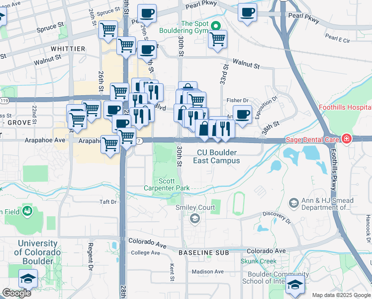 map of restaurants, bars, coffee shops, grocery stores, and more near in Boulder
