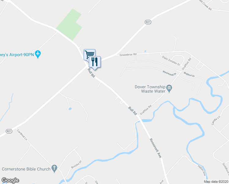 map of restaurants, bars, coffee shops, grocery stores, and more near 3540 Bull Road in York