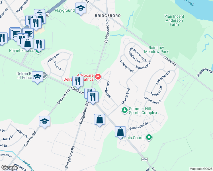 map of restaurants, bars, coffee shops, grocery stores, and more near 152 Castleton Road in Riverside