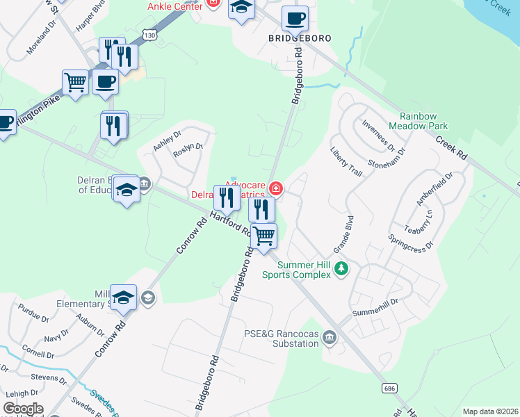 map of restaurants, bars, coffee shops, grocery stores, and more near 79 Hartford Road in Delran