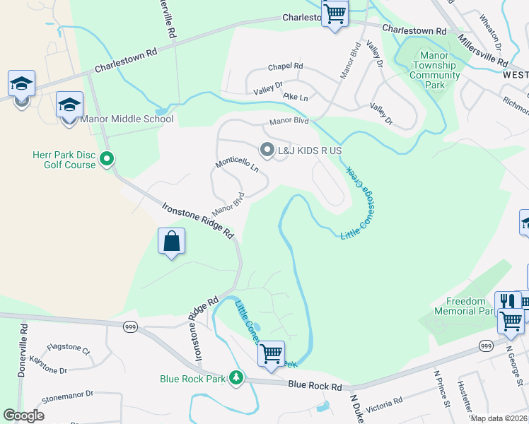 map of restaurants, bars, coffee shops, grocery stores, and more near 1012 Monticello Lane in Lancaster