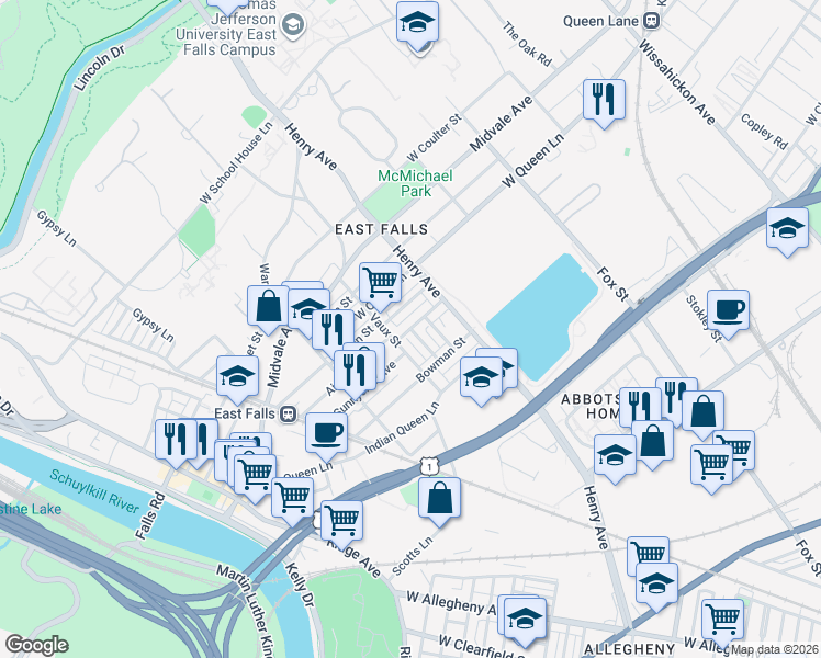 map of restaurants, bars, coffee shops, grocery stores, and more near Ainslie St & Barclay St in Philadelphia