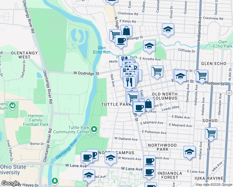 map of restaurants, bars, coffee shops, grocery stores, and more near 59 West Hudson Street in Columbus