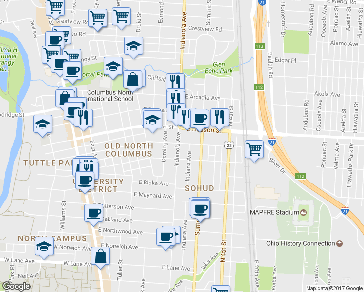 map of restaurants, bars, coffee shops, grocery stores, and more near 337 East Tompkins Street in Columbus