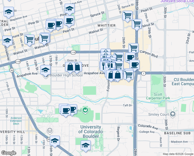 map of restaurants, bars, coffee shops, grocery stores, and more near 2300 Arapahoe Avenue in Boulder