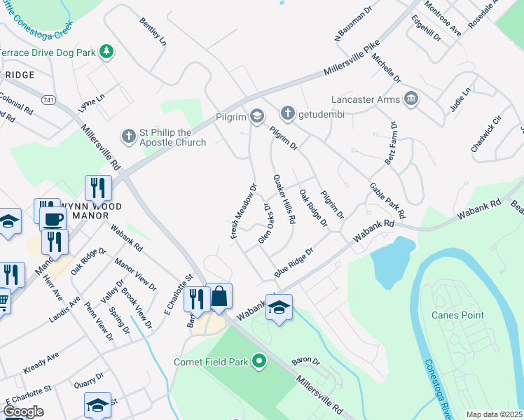 map of restaurants, bars, coffee shops, grocery stores, and more near 46 Glen Oaks Dr in Lancaster