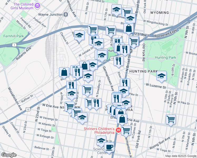 map of restaurants, bars, coffee shops, grocery stores, and more near 3952 North Smedley Street in Philadelphia