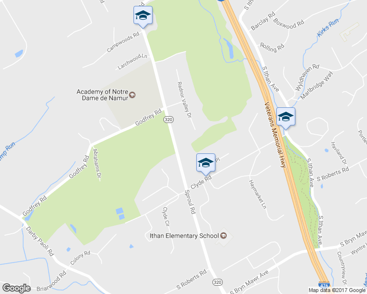 map of restaurants, bars, coffee shops, grocery stores, and more near 671 Sproul Road in Bryn Mawr