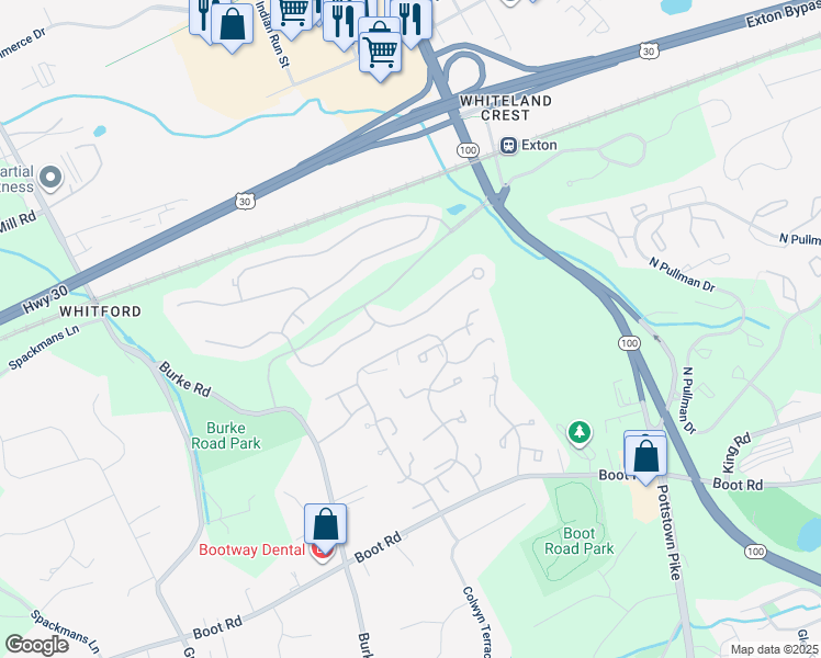 map of restaurants, bars, coffee shops, grocery stores, and more near 140 Pendula Court in West Chester
