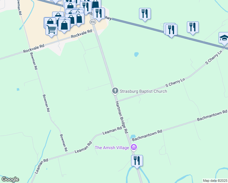 map of restaurants, bars, coffee shops, grocery stores, and more near 112 Hartman Bridge Road in Ronks
