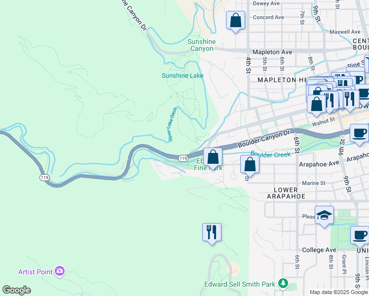 map of restaurants, bars, coffee shops, grocery stores, and more near 103 Canyon Boulevard in Boulder