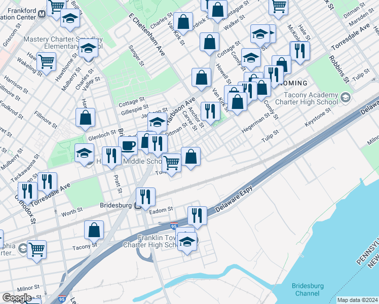 map of restaurants, bars, coffee shops, grocery stores, and more near 2112 Shallcross Street in Philadelphia