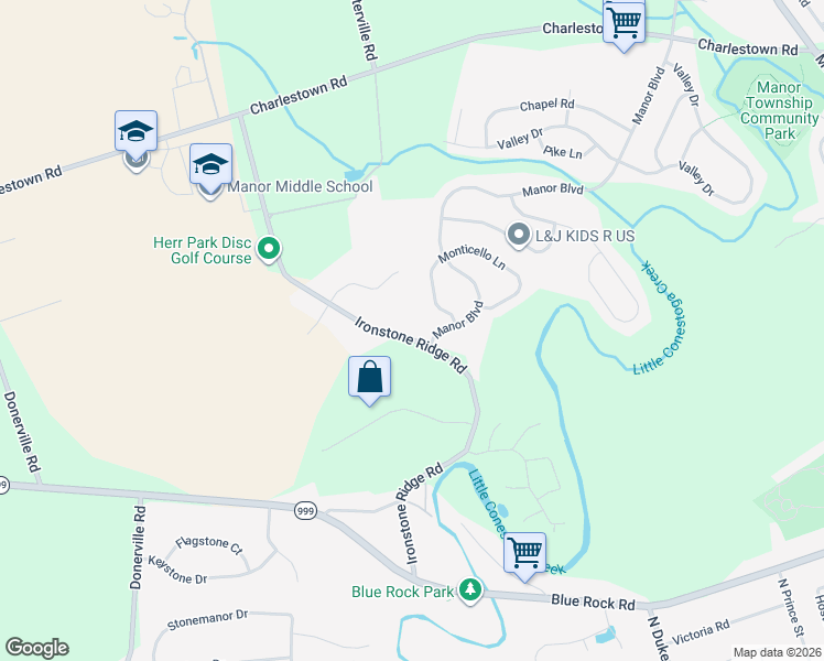 map of restaurants, bars, coffee shops, grocery stores, and more near 235 Ironstone Ridge Rd in Lancaster