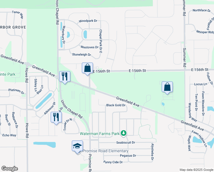 map of restaurants, bars, coffee shops, grocery stores, and more near 11038 Greenfield Avenue in Noblesville
