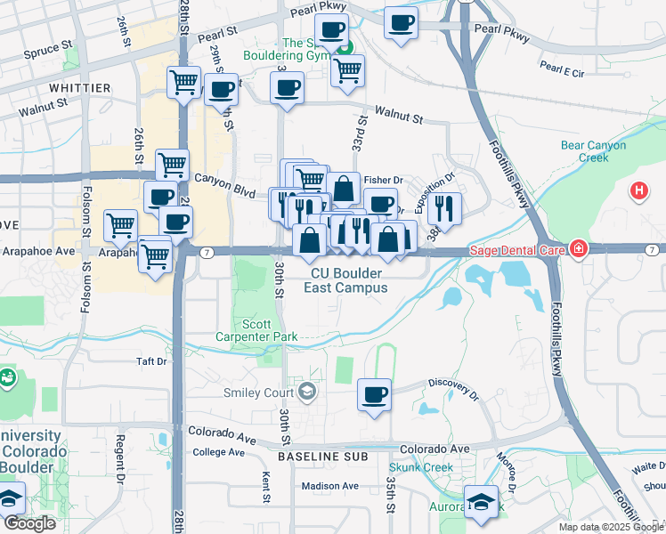 map of restaurants, bars, coffee shops, grocery stores, and more near 3205 Marine Street in Boulder