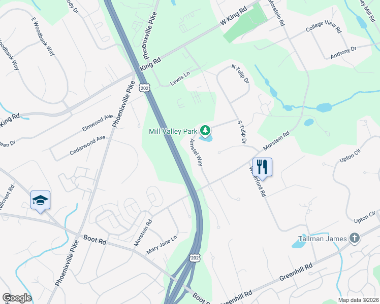 map of restaurants, bars, coffee shops, grocery stores, and more near 1310 Amstel Way in West Chester
