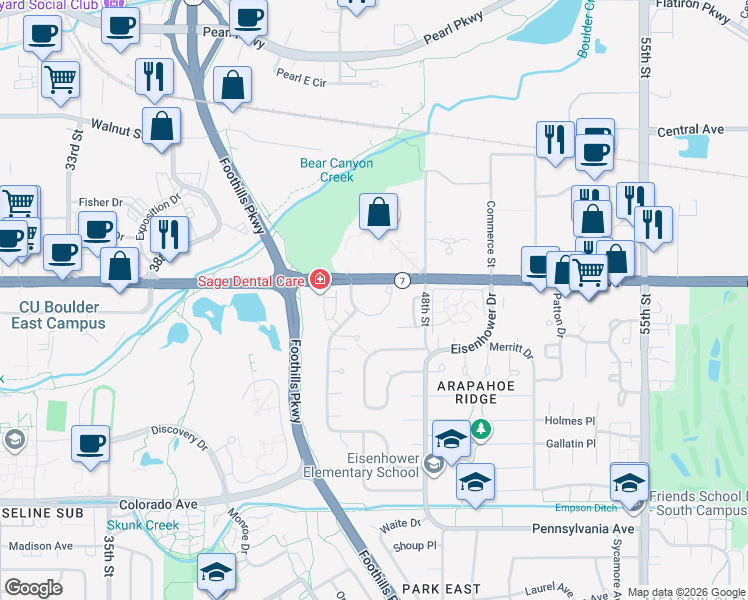 map of restaurants, bars, coffee shops, grocery stores, and more near 1550 Macarthur Drive in Boulder
