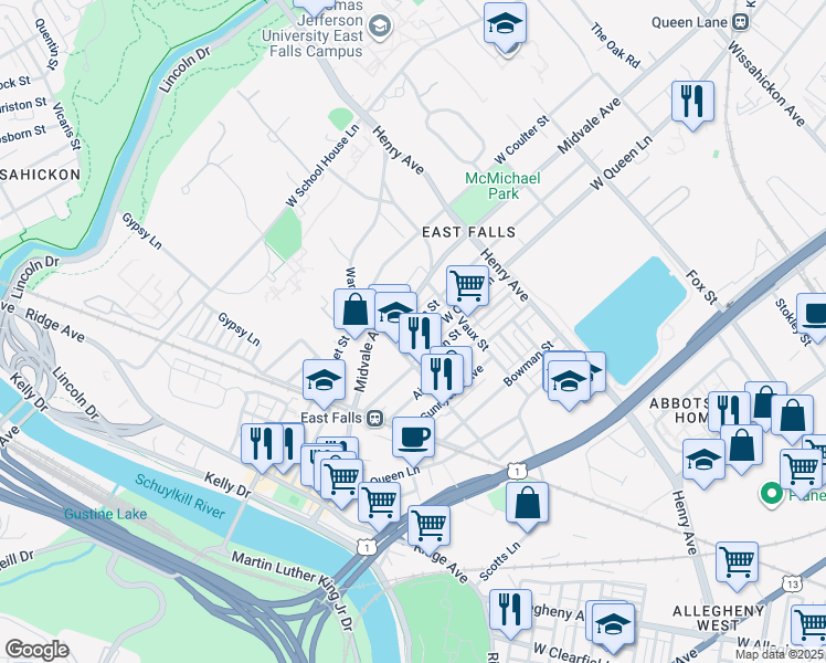 map of restaurants, bars, coffee shops, grocery stores, and more near 3450 West Penn Street in Philadelphia
